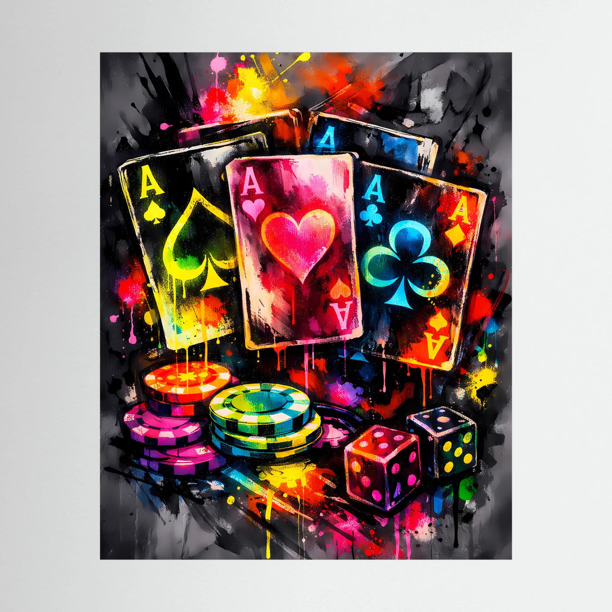 Kunstposter mit Neon-Pokerkarten, bunten Pokerchips und Würfeln in abstrakter Farbspritzer-Optik
