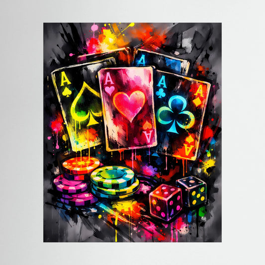 Kunstposter mit Neon-Pokerkarten, bunten Pokerchips und Würfeln in abstrakter Farbspritzer-Optik