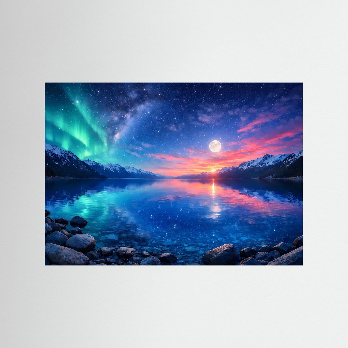 Poster mit Polarlicht, Mond und See bei Nacht, reflektiert im Wasser mit Felsstrand.