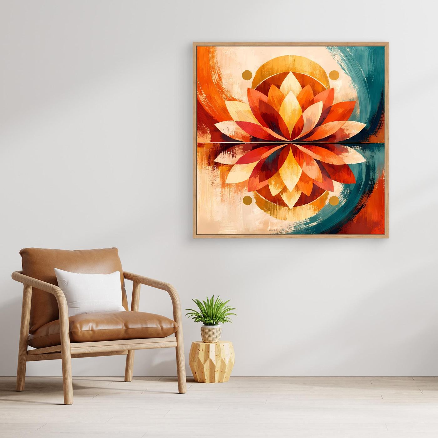 Gerahmtes Leinwandbild: symmetrisches Lotus-Design mit orange-roten und türkisfarbenen Akzenten