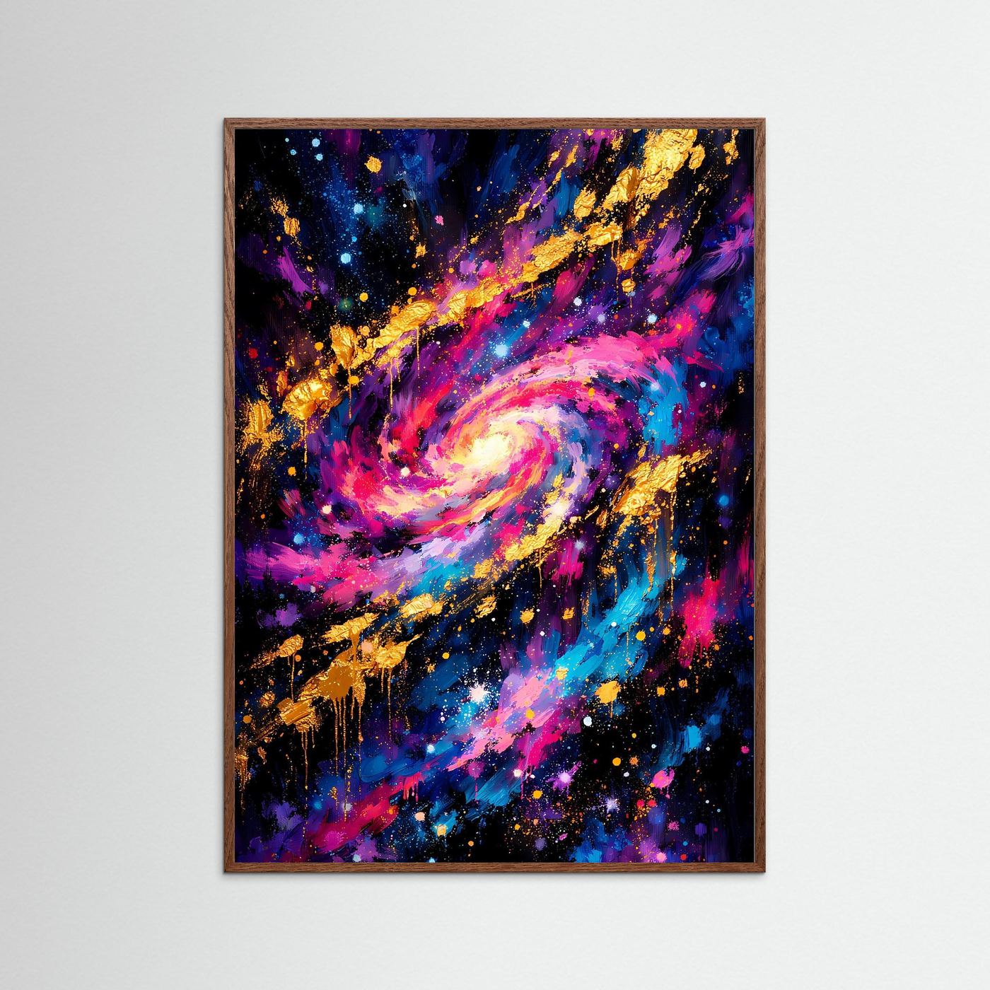 Galaxy-Poster im Hochformat mit rosa/rotbraunem Rahmen, Neonfarben, Goldakzente und Sterne