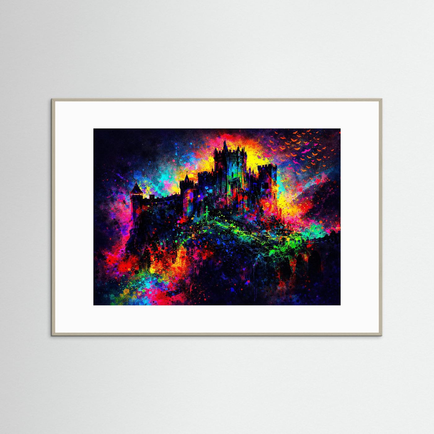 Mystisches Buntes Schloss bei Nacht | Fantasy Burg Wandbild & Kunst Poster Querformat