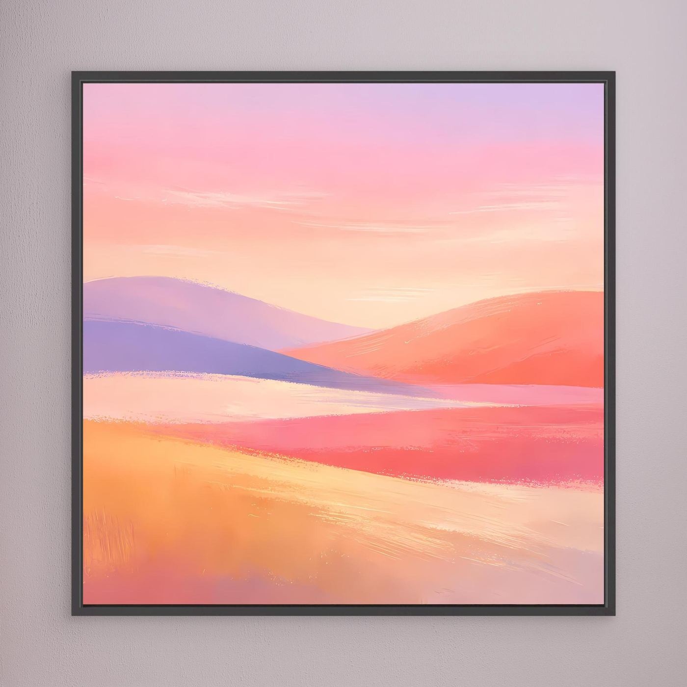 Leinwandbild mit abstrakter Hügellandschaft in Pastellfarben, dunkel gerahmt