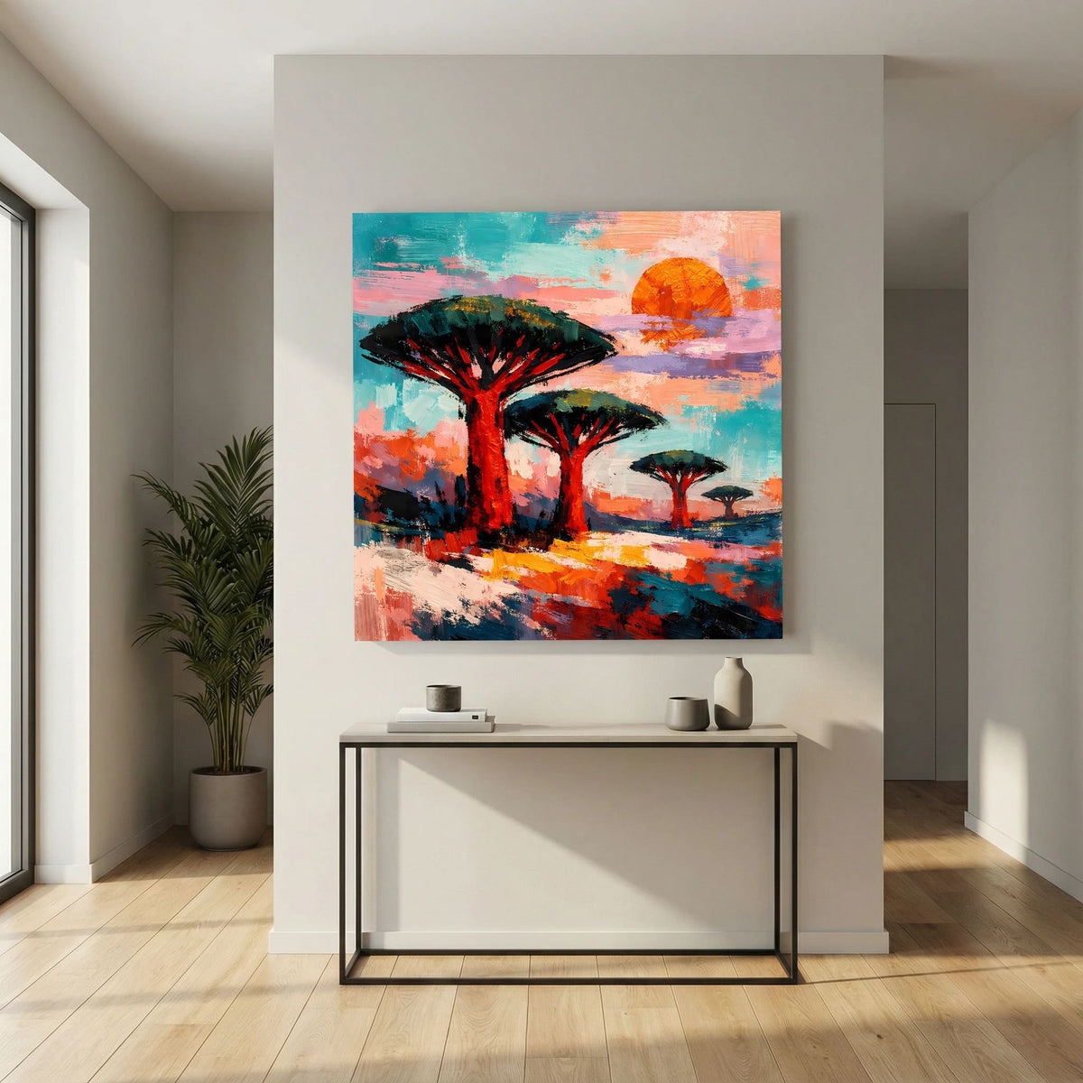Leinwandbild mit abstrakten Akazien/Savannenbäumen und orangefarber Sonne, kräftige Pinselstruktur