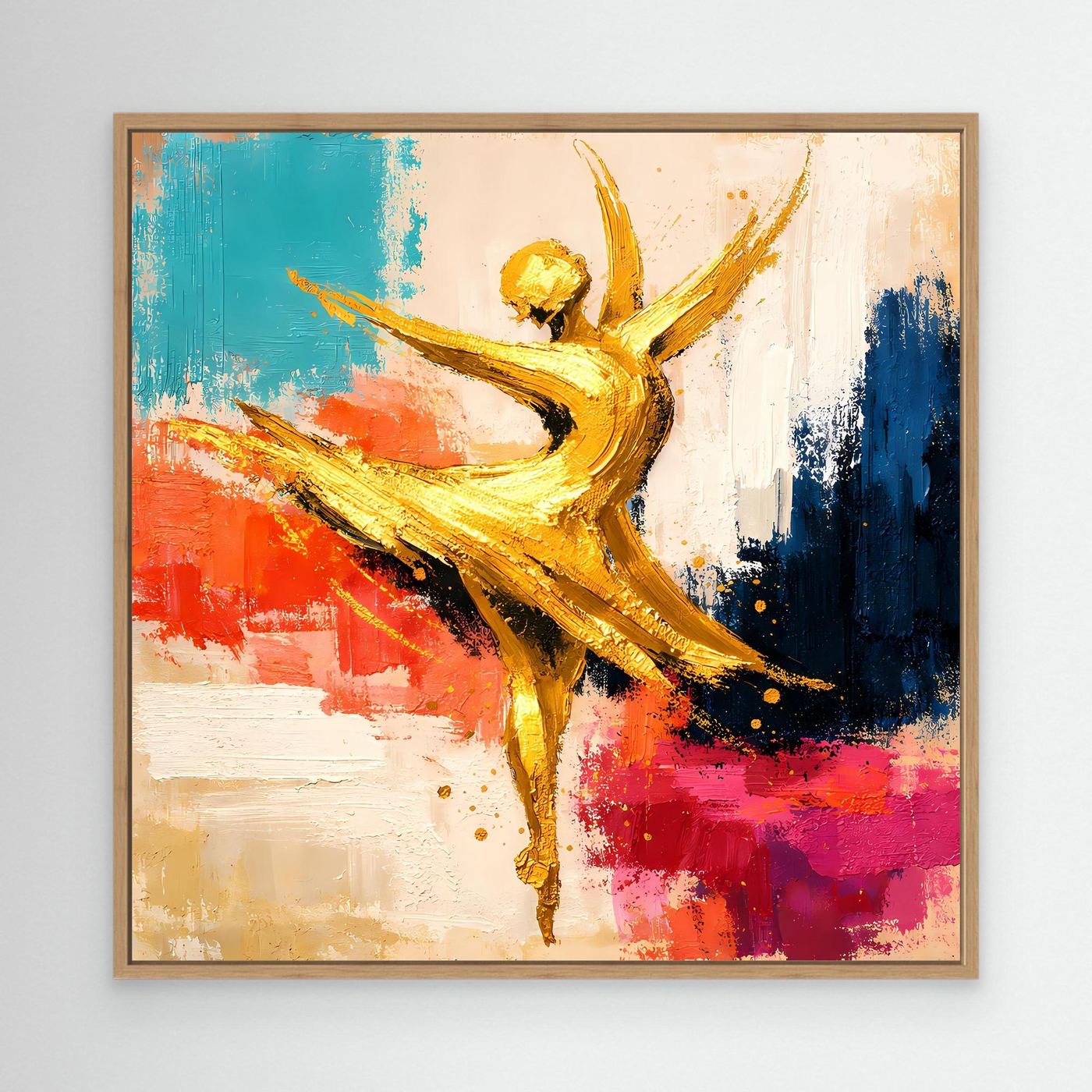 Leinwand-Wandbild mit goldener Ballerina, türkis, rot und blau, brauner Holzrahmen