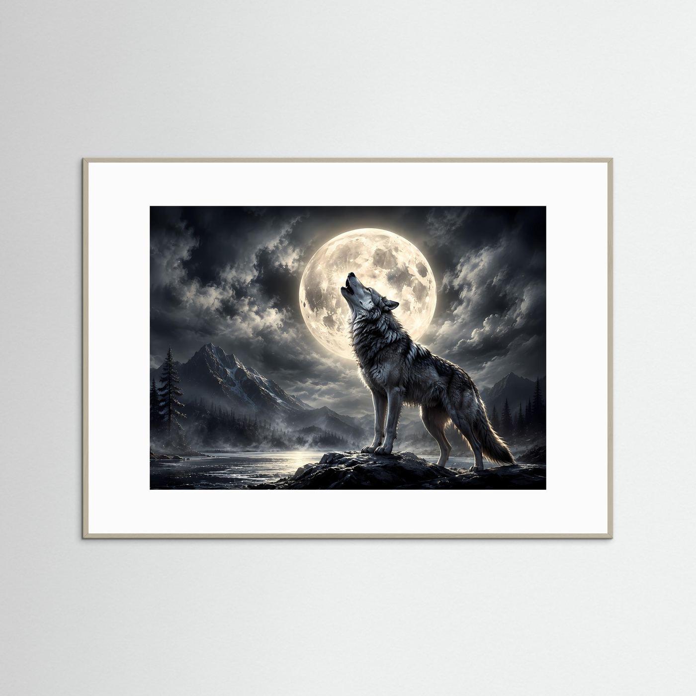 Wolf-Wandbild mit heulendem Wolf vor Vollmond, dunkle Waldszene, beiger Rahmen
