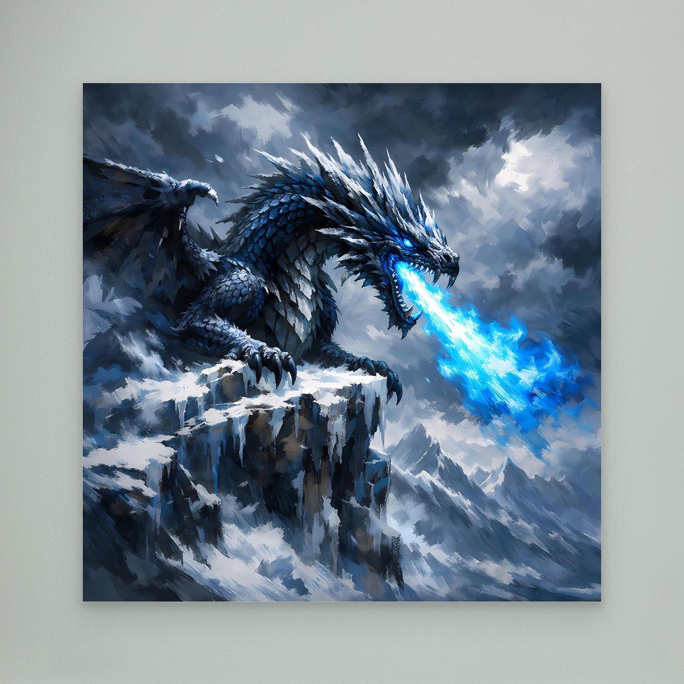 Leinwand Eisdrache auf stürmischem Berggipfel | Episches Fantasy-Wandbild auf echter Leinwand