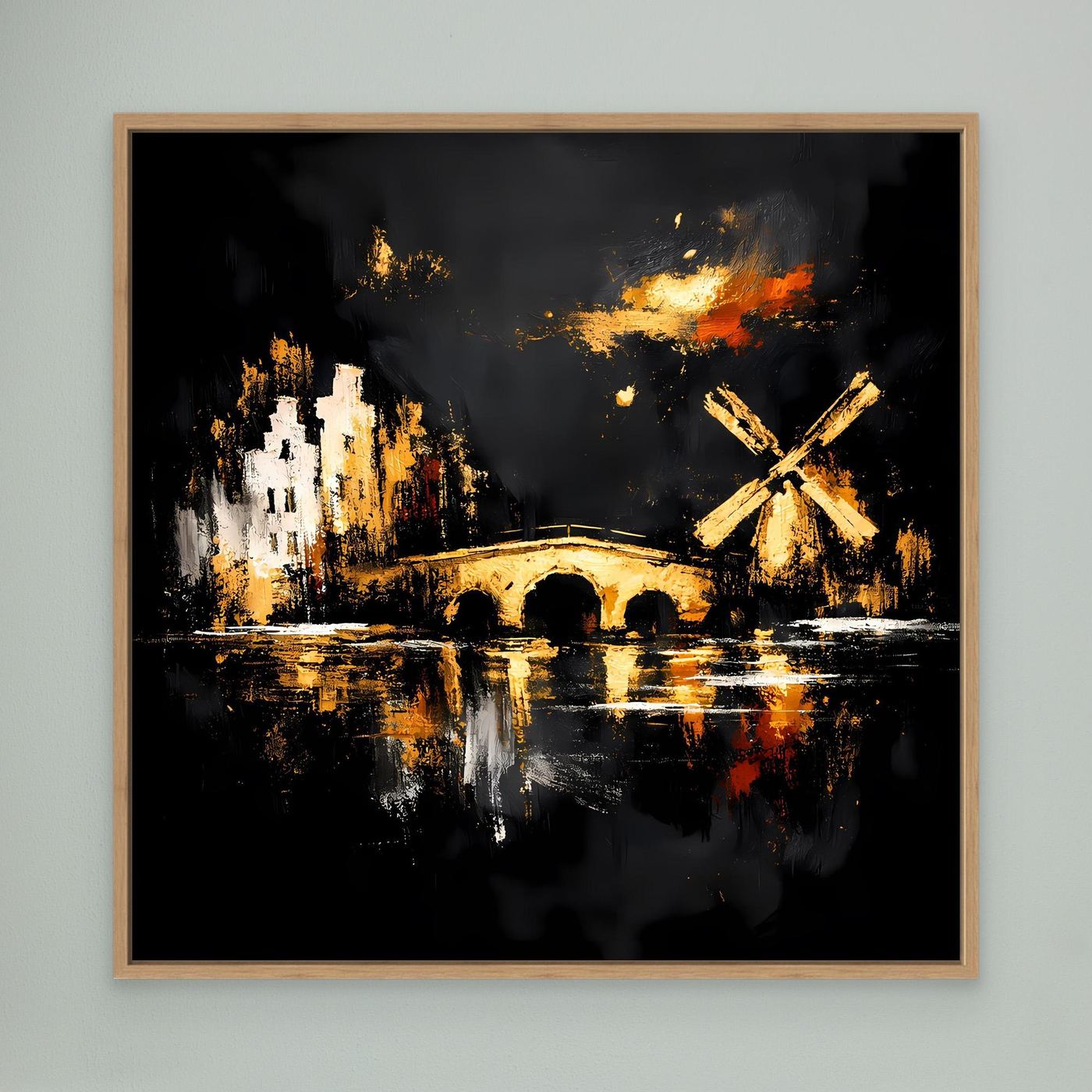 Leinwand Goldene Windmühle in Amsterdam | Abstraktes Holland Wandbild Modern