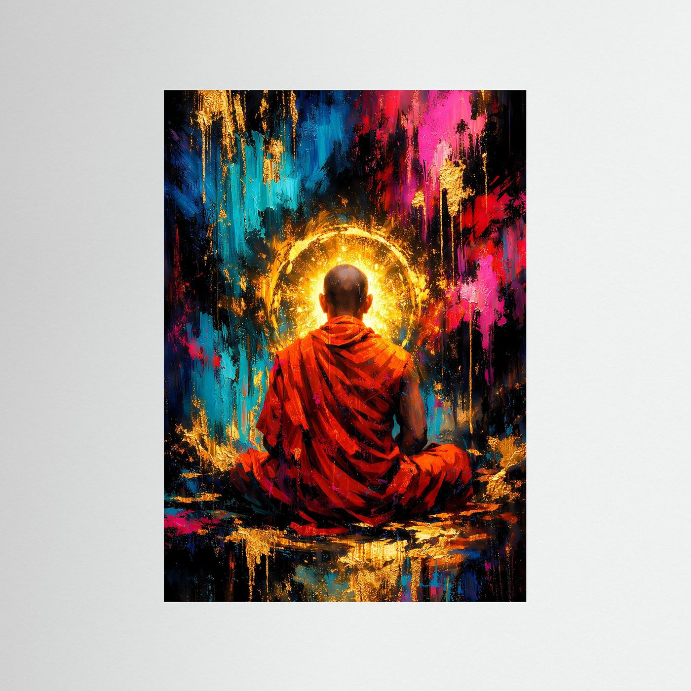 Poster: sitzender Mönch im Lotussitz, rotes Gewand, goldener Aura-Kranz, abstrakt, schwarzer Rahmen