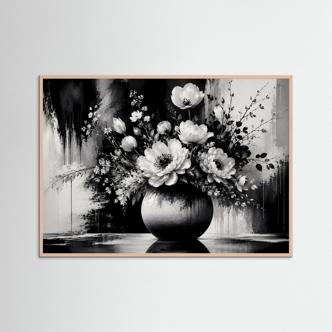 Schwarz Weiß Blumen Poster | Eleganter Blumenstrauß in Vase | Moderne Florale Wandkunst | Monochromes Wandbild