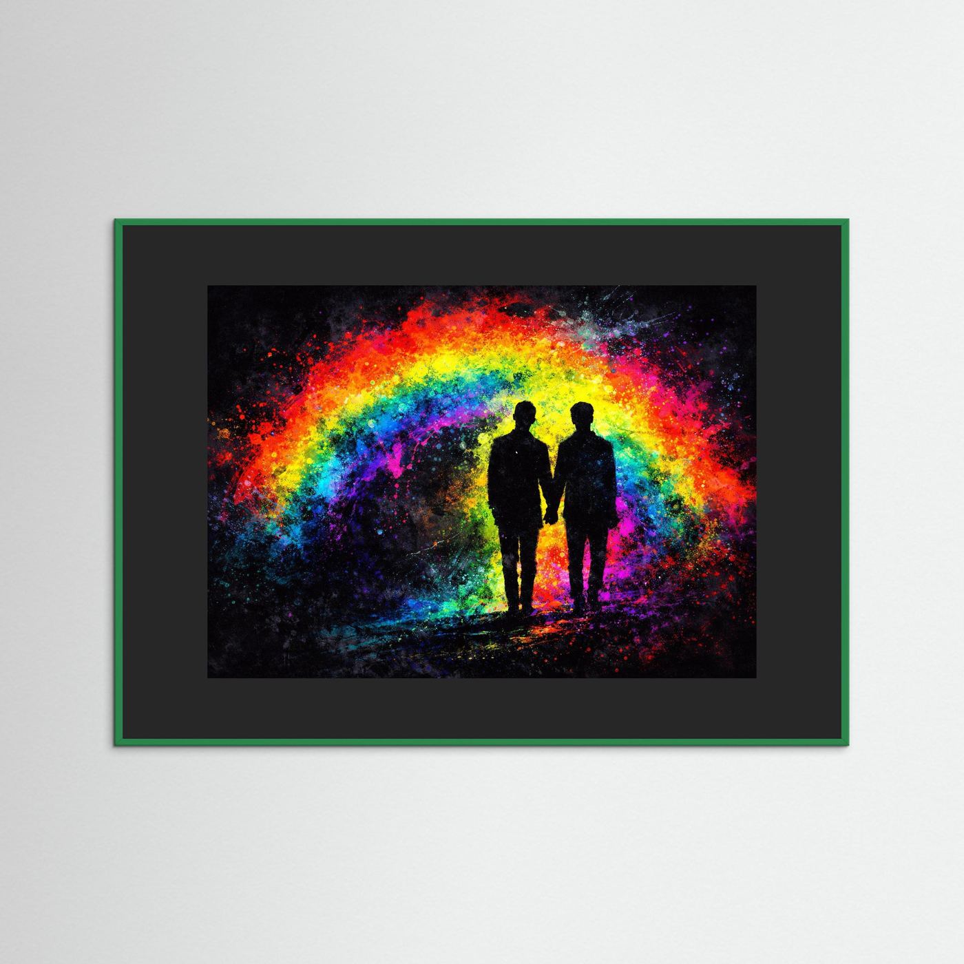 Gerahmtes Wandbild: zwei Silhouetten im Regenbogenlicht, grüner Rahmen