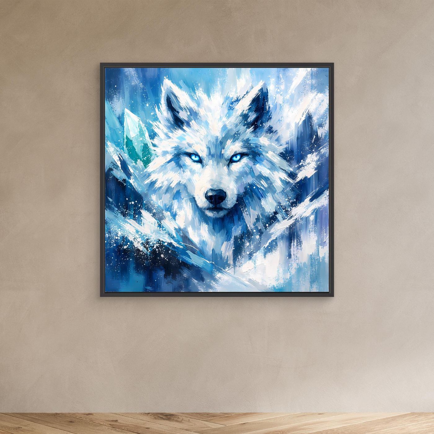 Leinwandbild mit Eiswolf-Motiv im Schneesturm, blau-weiß, schwarzer Rahmen an der Wand