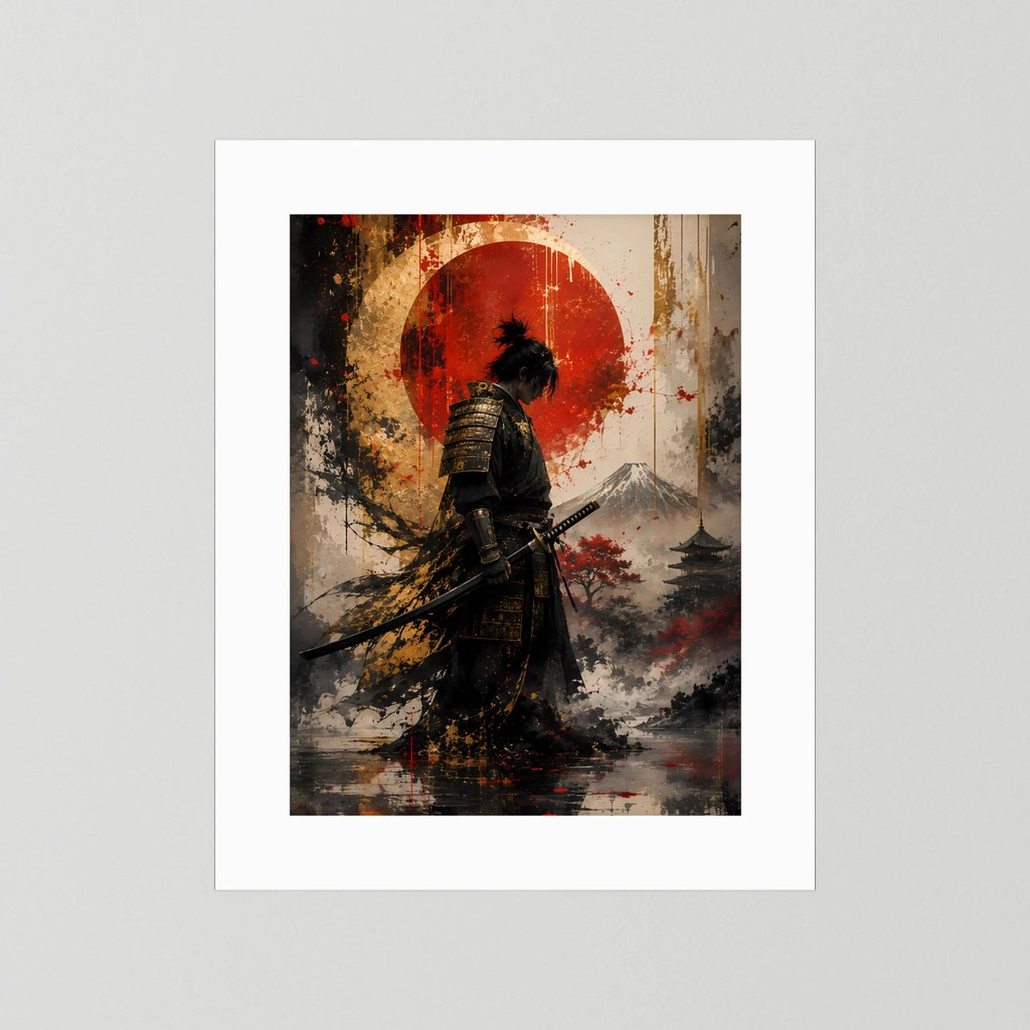 Japanisches Samurai-Kunstposter im Hochformat mit weißem Rand: Katana vor roter Sonne.