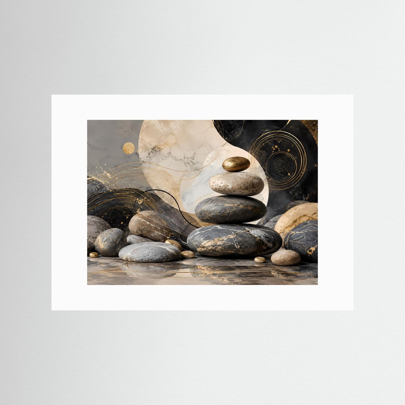 Zen Steine in Schwarz, Gold und Creme | Abstrakte Balance & Harmonie mit Marmorstruktur | Elegante moderne Wellness Kunst im Querformat