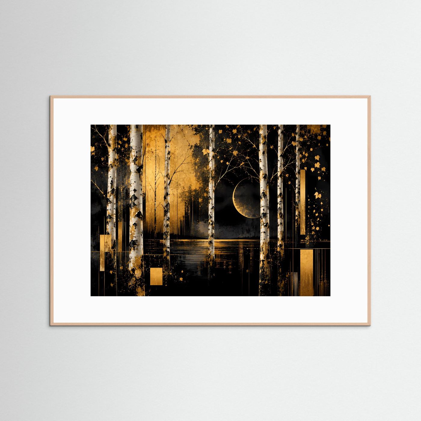 Gerahmtes Poster im Querformat mit abstraktem Wald in Schwarz und Gold, Mondsichel