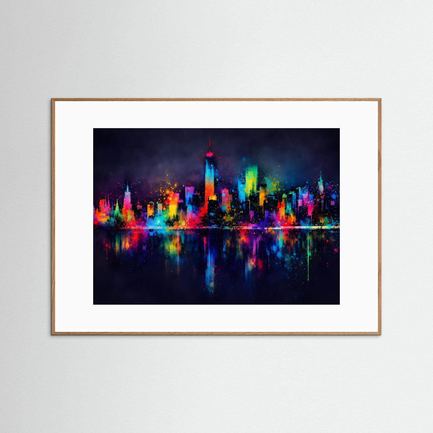 Gerahmter Skyline-Kunstdruck mit bunter Nachtstadt und Spiegelung, heller Eichenrahmen