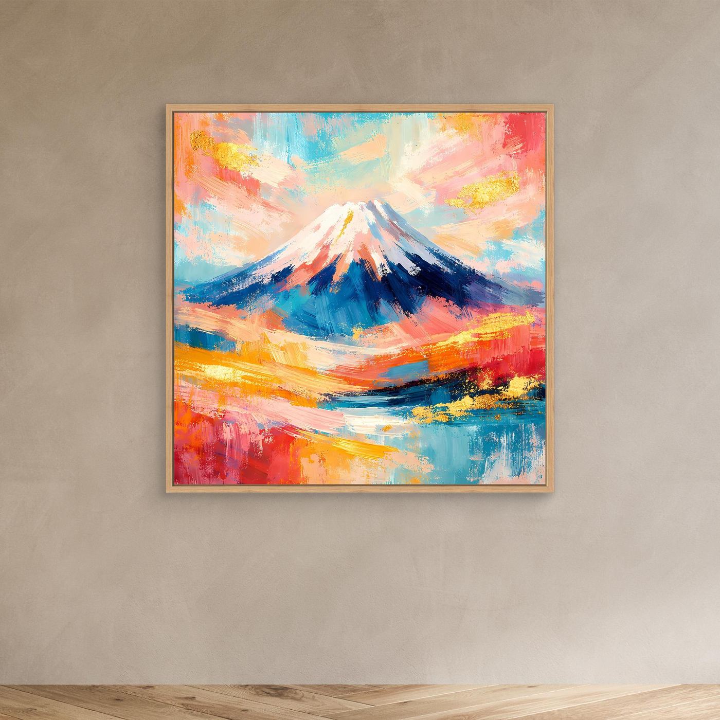 Gerahmtes Leinwandbild Mount Fuji im abstrakten Stil, farbige Wolken und Berglinien