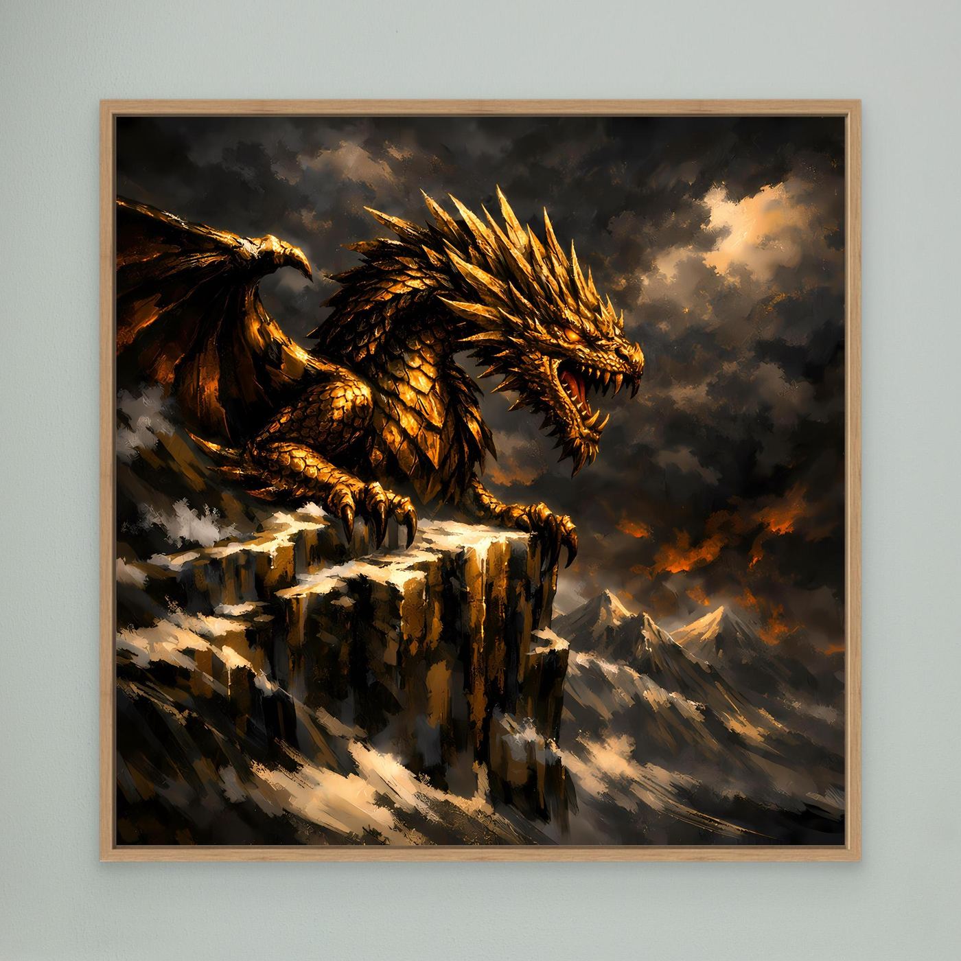Leinwand Goldener Drache auf Felsgipfel | Episches Fantasy-Wandbild auf Keilrahmen