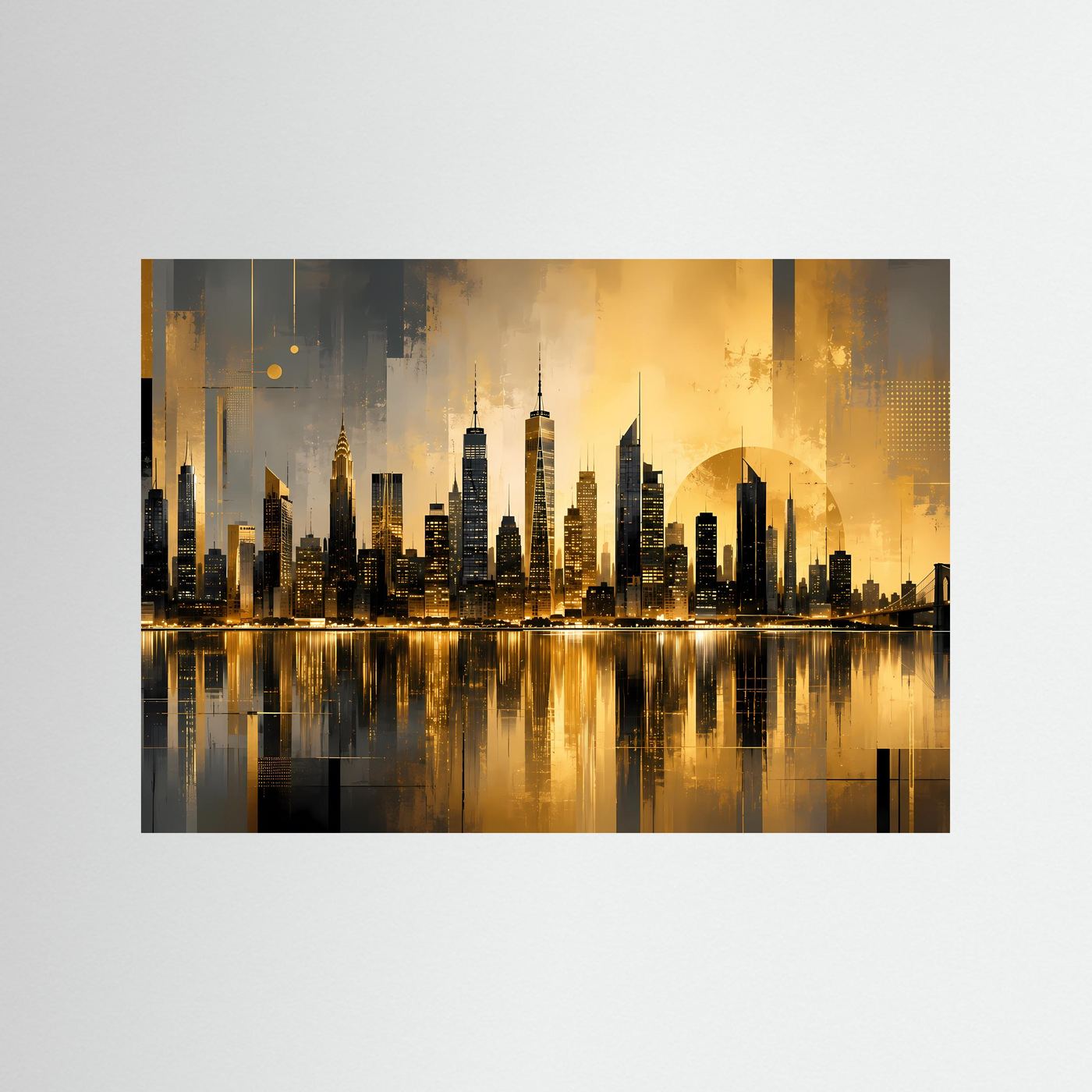 Goldene Skyline am Wasser | Moderne abstrakte City Kunst