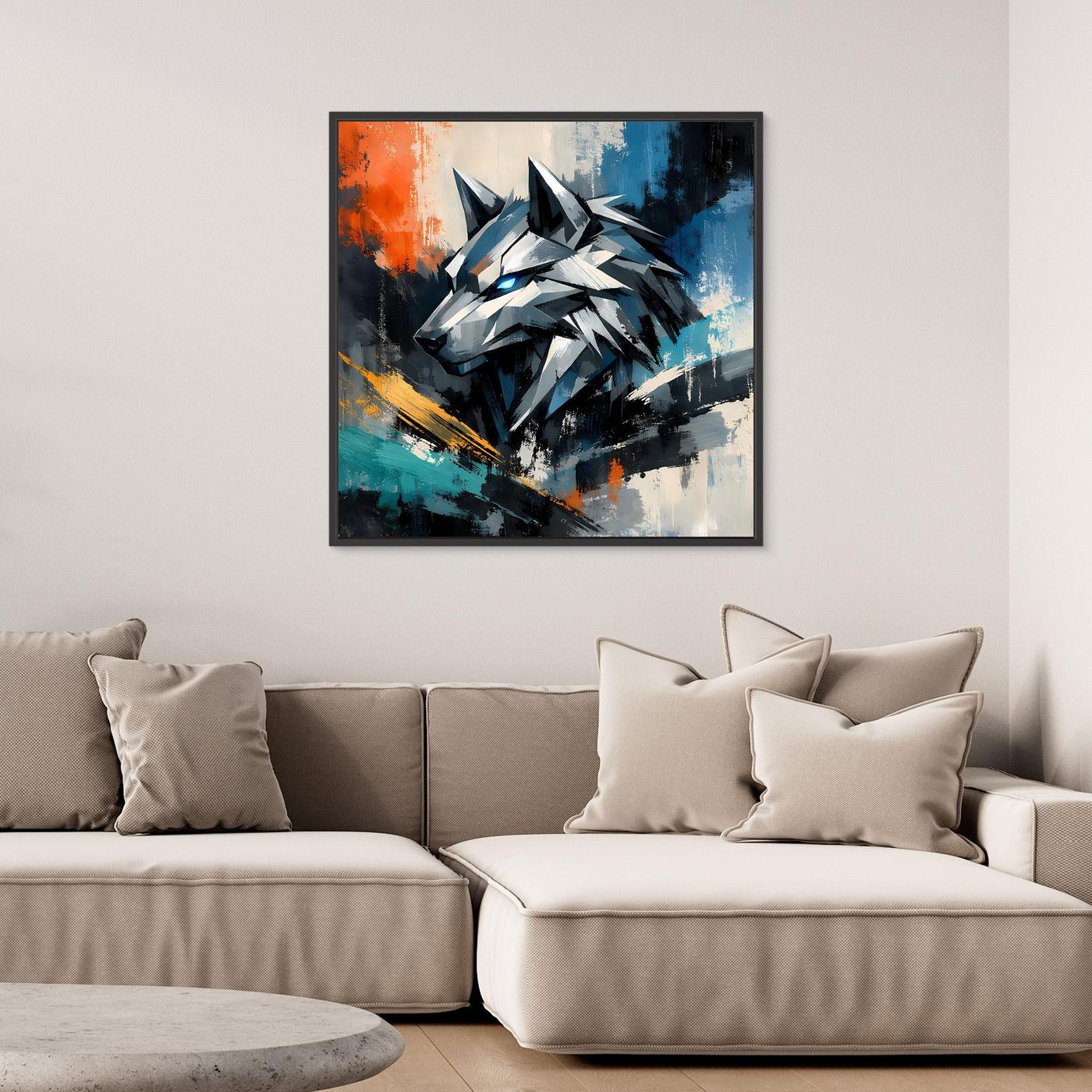 Gerahmtes Leinwandbild mit geometrischem Cyber-Wolf, Mecha-Abstrakt in Blau und Orange