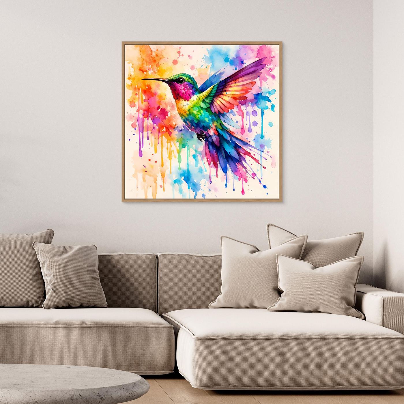 Leinwandbild Kolibri-Aquarell mit bunten Farbspritzern und Tropfen, Eichenrahmen