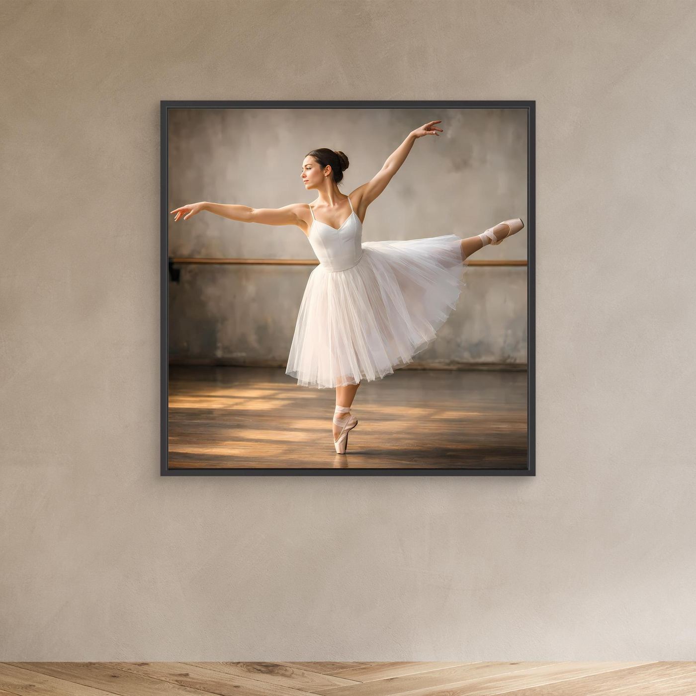 Ballett-Leinwandbild mit Ballerina im weißen Tutu, schwarzer Rahmen