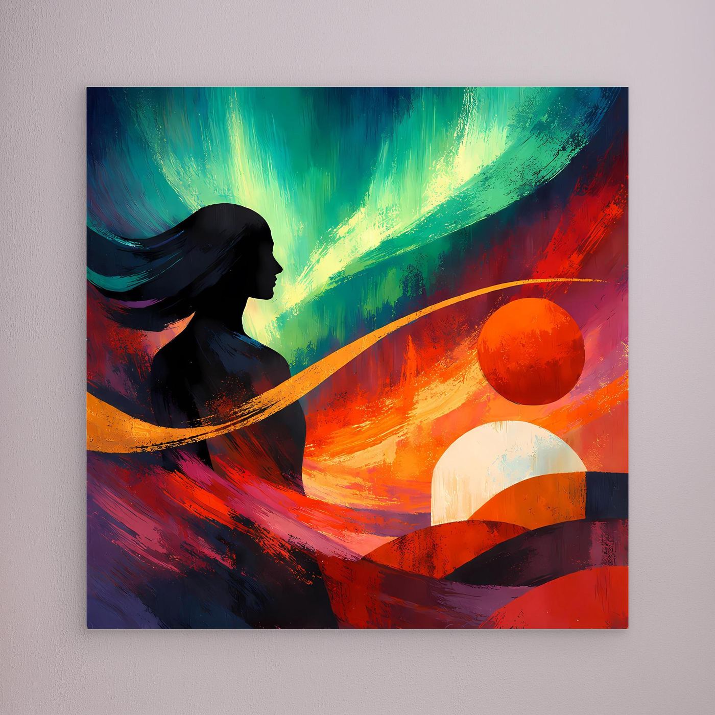 Quadratisches Leinwandbild mit abstraktem Polarlicht, schwarzer Silhouette und bunten Kreisen, ohne Rahmen.