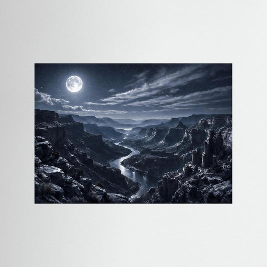 Poster mit Mond über Canyon bei Nacht, dunkler Fluss zwischen Felswänden