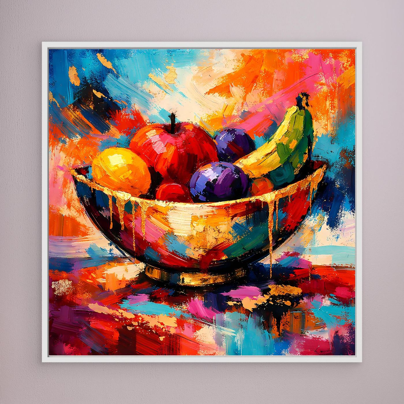 Leinwandbild mit abstrakter Obstschale in bunten Farben, weiß gerahmt