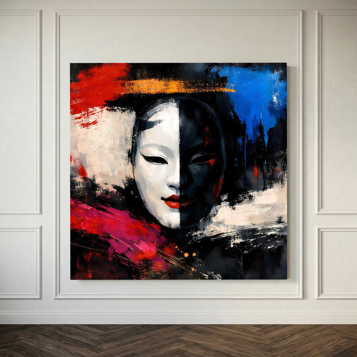 Leinwandbild mit Geisha-Maske: weißes Porträt, schwarz-weiße Highlights, rot-blauer Pinselauftrag