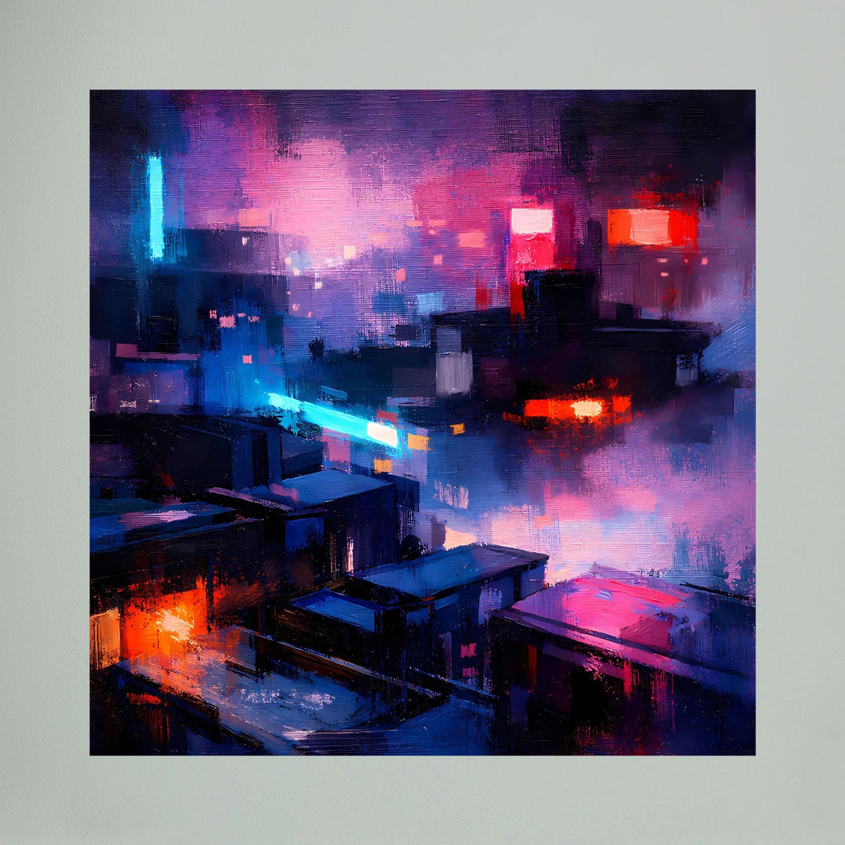 Neon-Cyberpunk-Stadtmotiv auf Leinwand, abstrakte Gebäude in Blau-, Lila- und Rot-Tönen