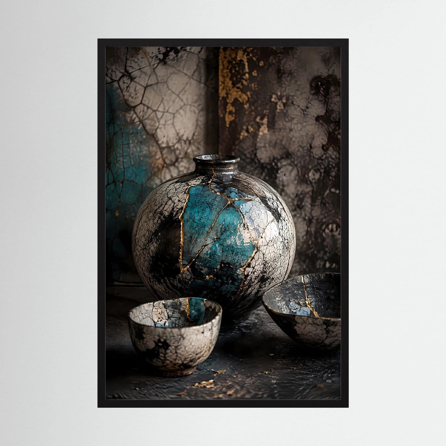 Schwarzes Poster im Hochformat mit türkis-goldener Keramikvase und drei Keramikschalen