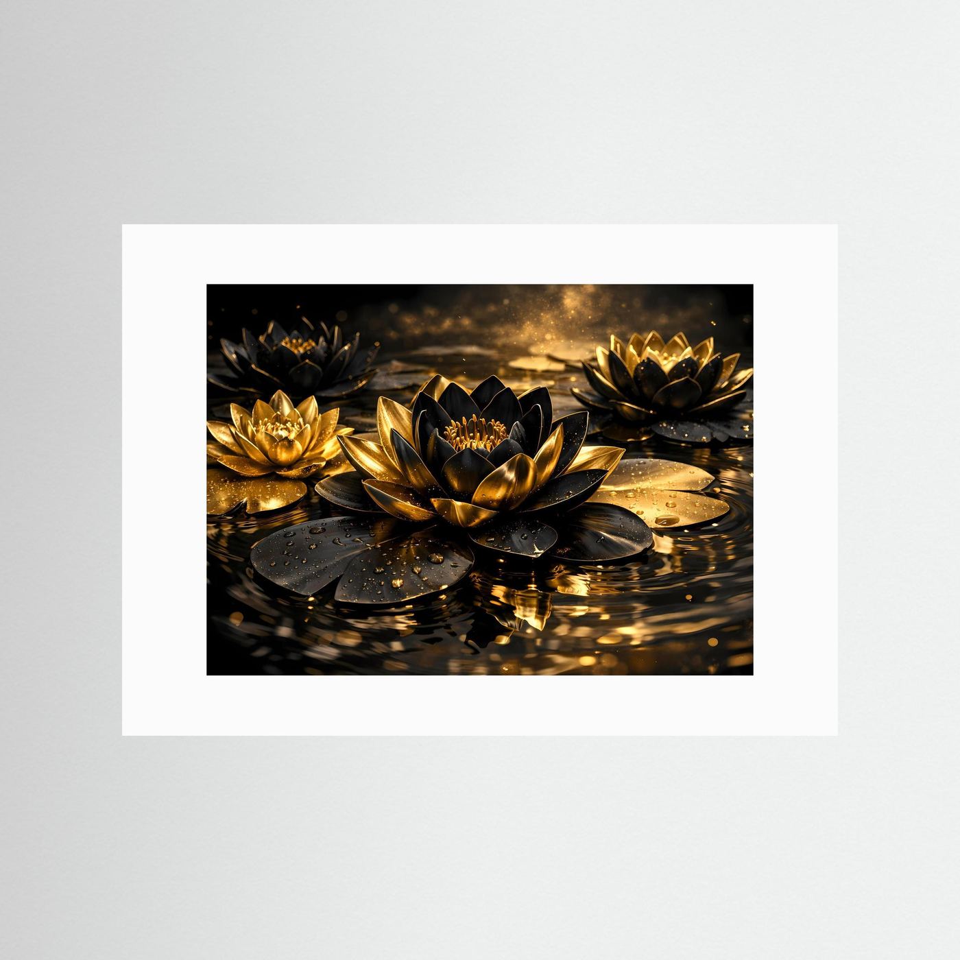 Wandbild mit goldenen Lotusblüten und Wasserreflexion, weißer Passepartout-Rahmen.