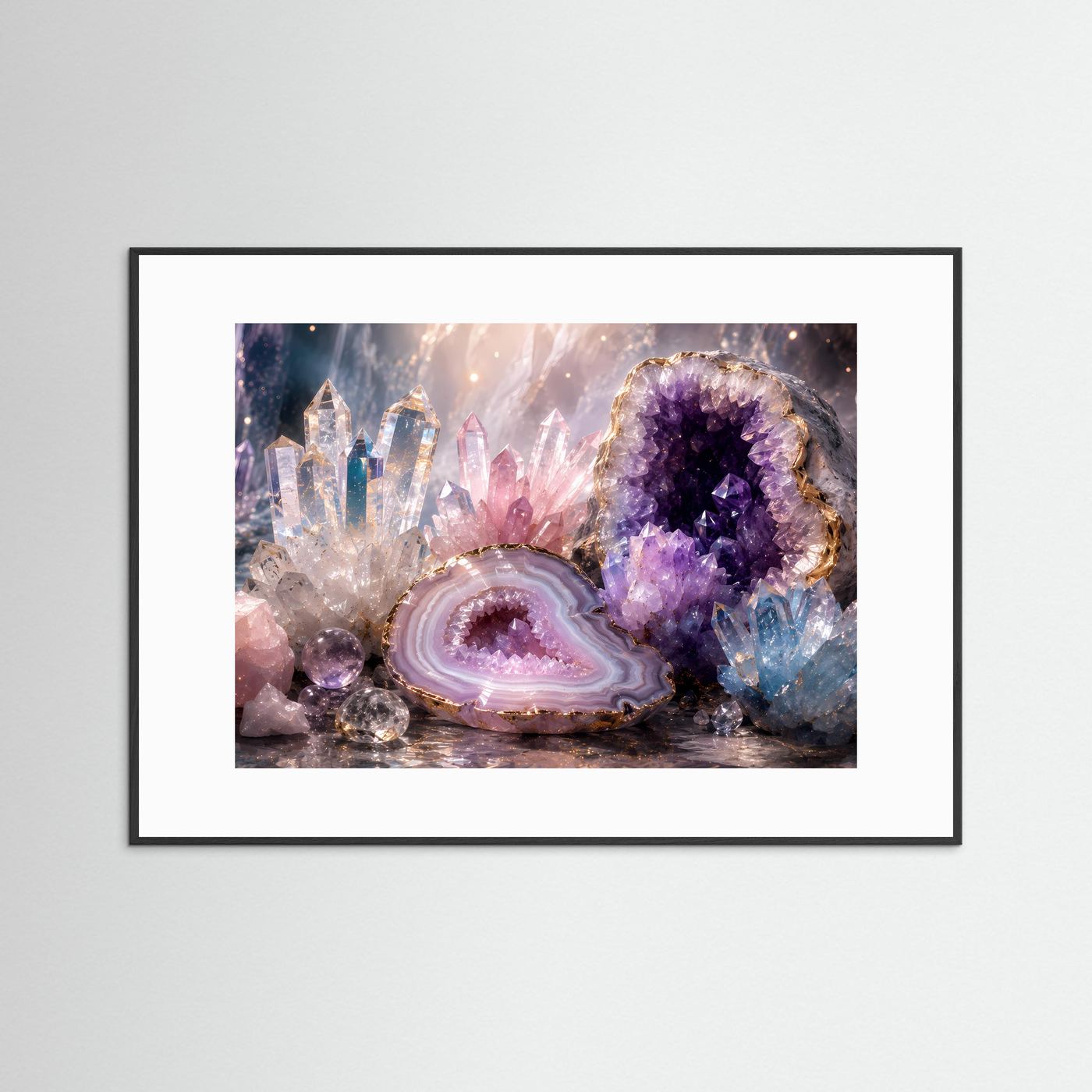 Kristalle & Geoden Poster | Amethyst, Rosenquarz & Bergkristall Wandbild | Luxuriöse Edelstein Kunst | Premium Leinwand & Wall Art