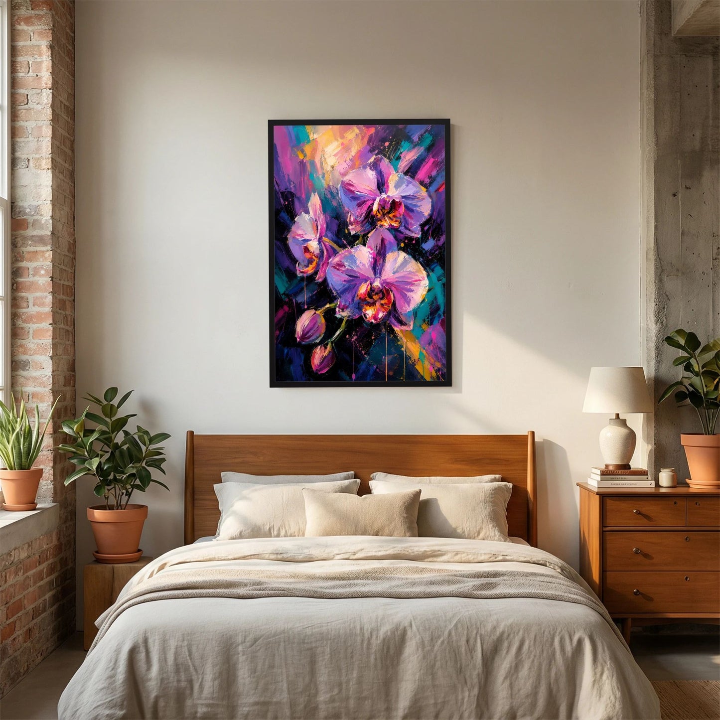 Hochformatiges Poster mit abstrakten Orchideen in Pink und Violett, schwarzer Rahmen