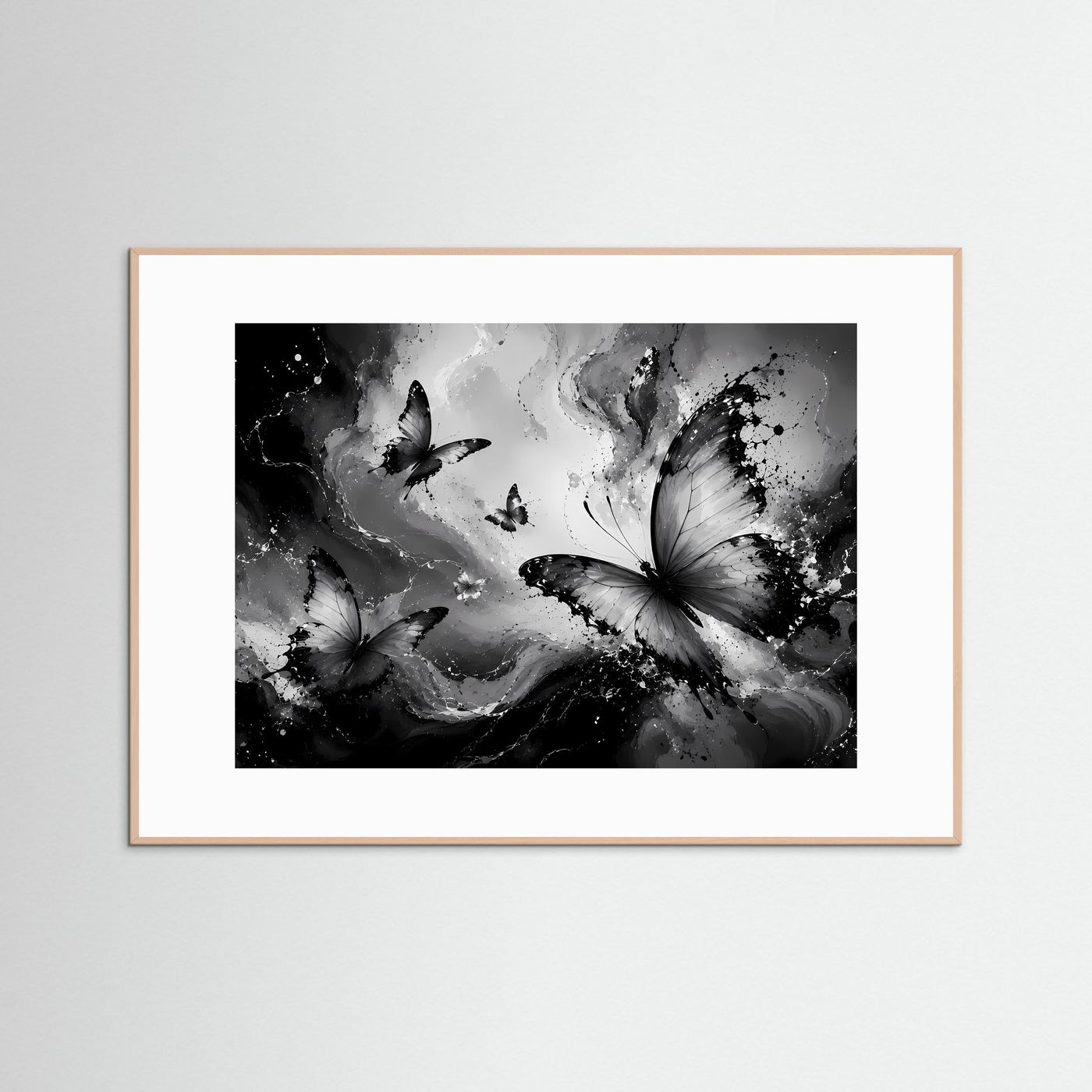 Schmetterlinge Schwarz Weiß Poster Querformat | Abstrakte Butterfly Wandkunst Modern | Monochrome Leinwandkunst