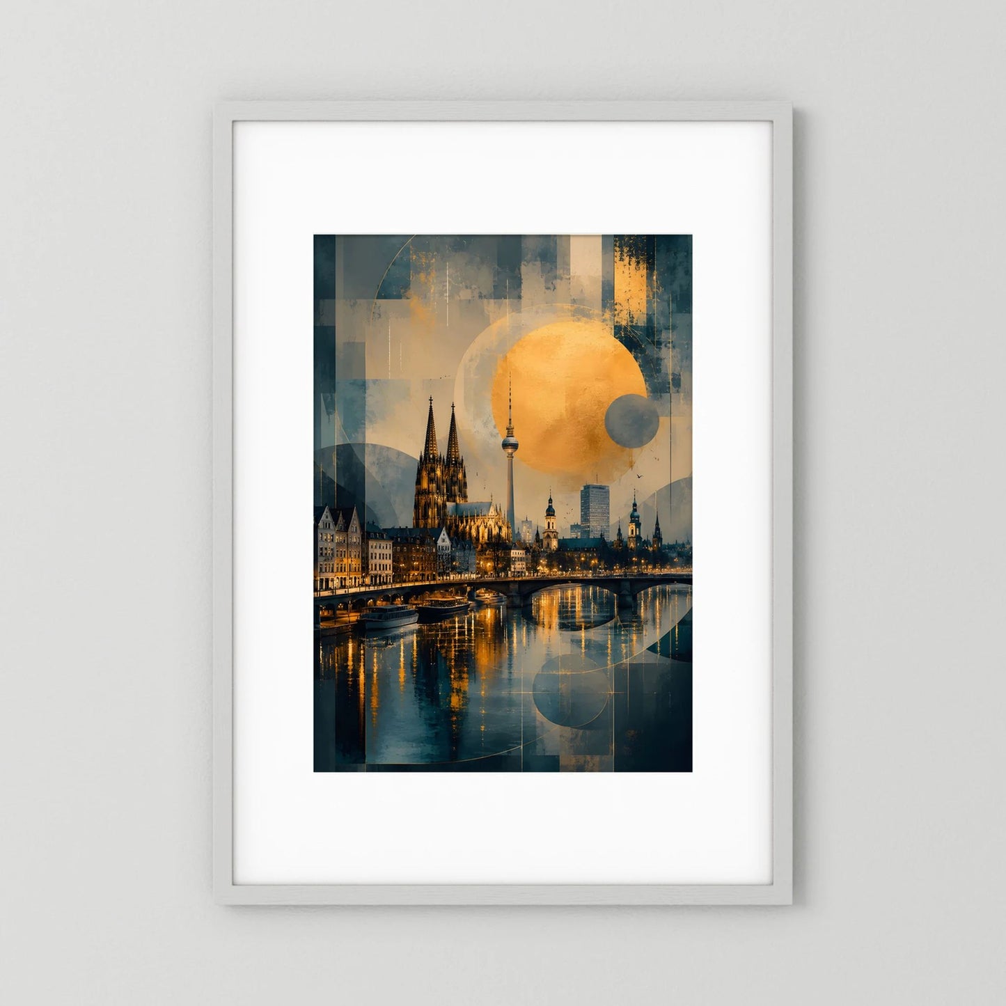Hochformatiges gerahmtes Poster mit Kölner Skyline, Rhein und abstrakten Goldtönen