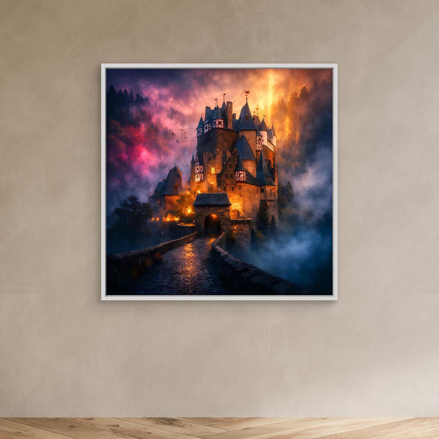 Leinwand Mystische Ritterburg im Nebel | Abstraktes Märchenschloss Wandbild