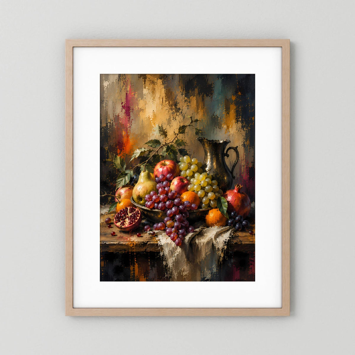 Kunstposter im Hochformat mit hellem Holzrahmen und weißem Rand: Trauben und Äpfel
