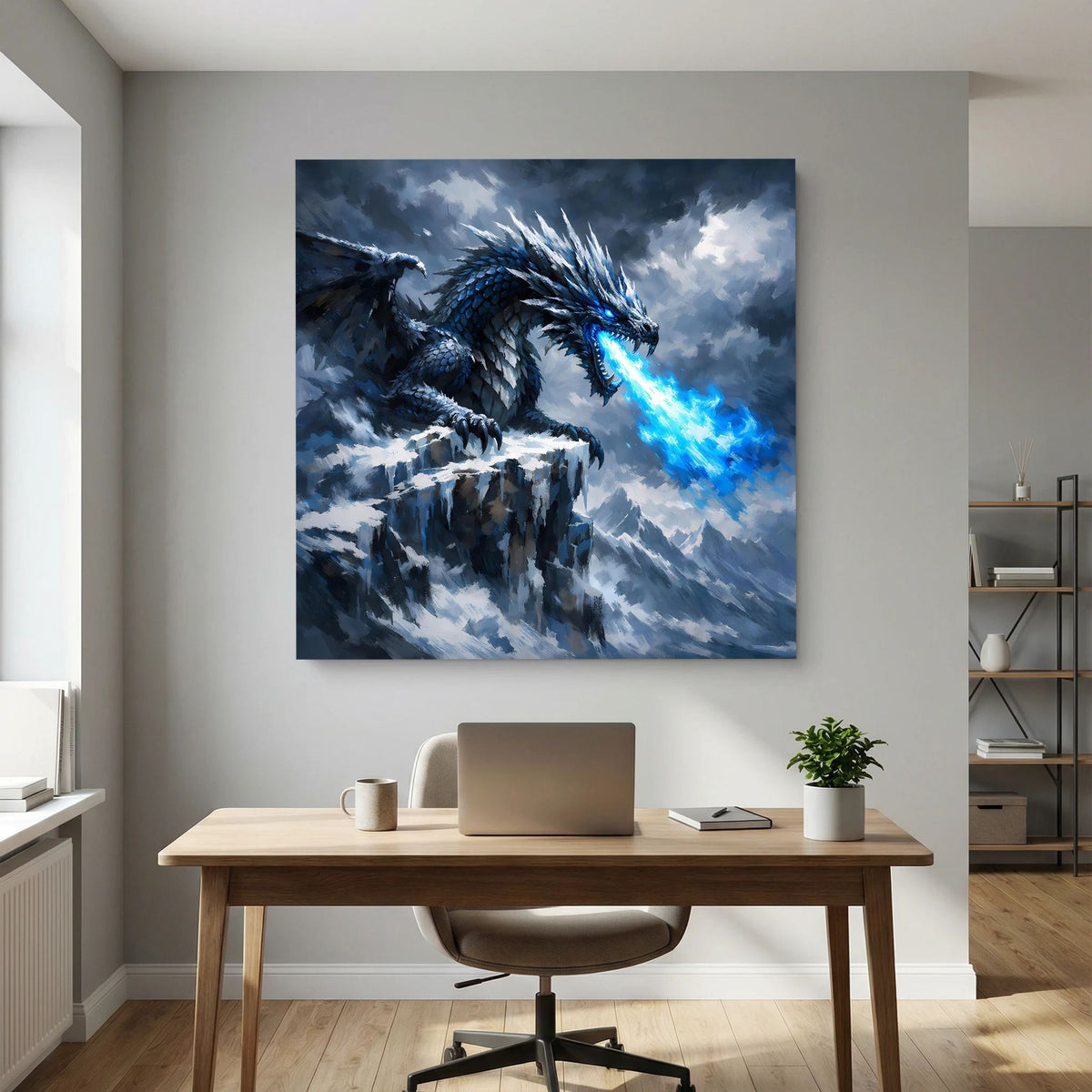 Leinwand-Wandbild mit Eisdrache im Flug auf Berggipfel, blau leuchtender Atem