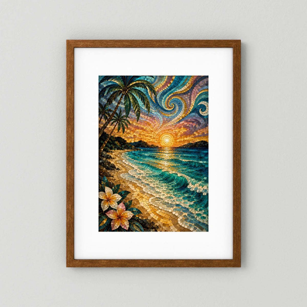 Poster im braunen Holzrahmen mit weißem Rand, Mosaikmotiv von Küste, Palmen und Sonnenuntergang.