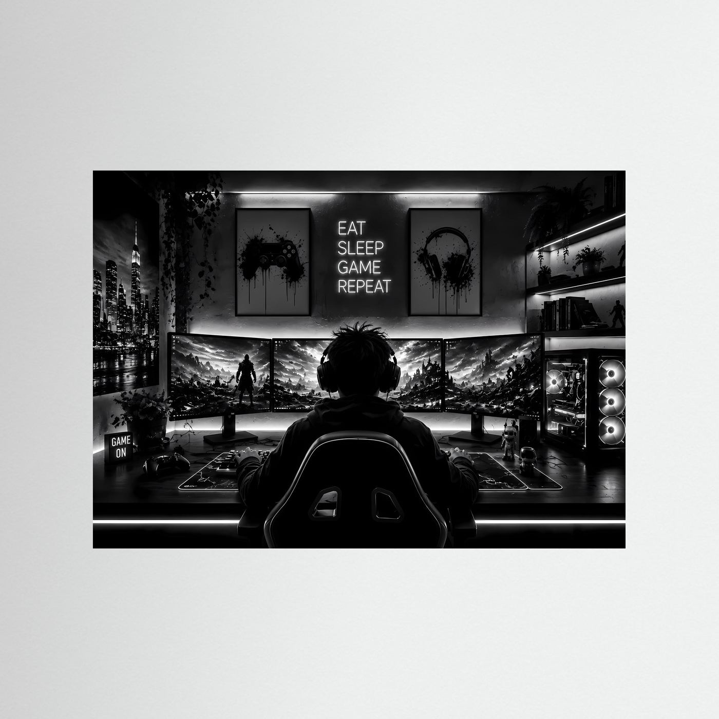 Gaming Poster Schwarz Weiß | Gamer Setup Wandbild | Gaming Room Deko | PC Gaming Kunst | Monochromer Fine Art Print