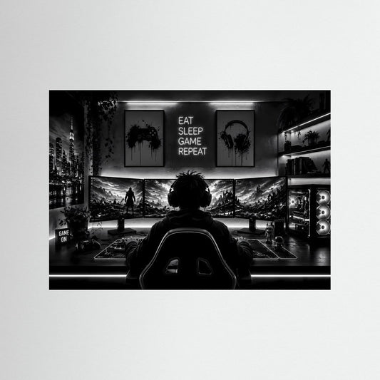 Gaming-Wandbild im schwarzen Rahmen, monochromes Gamer-Setup mit sitzendem Charakter.