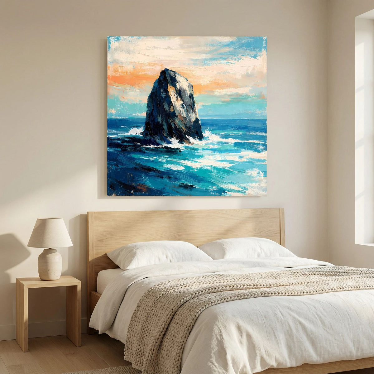 Quadratisches Leinwandbild mit Felsen in der Brandung, türkis-blaue Wellen und orangefarbener Himmel.