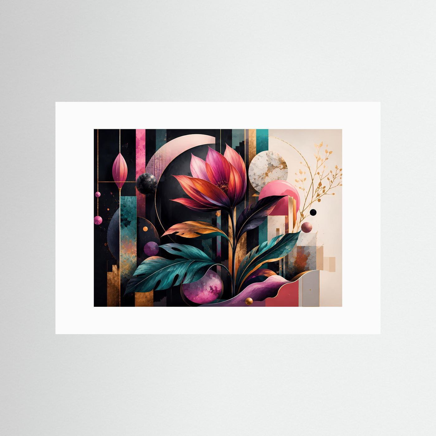 Abstrakte Botanische Blume Wandbild | Moderne Floral Geometrische Kunst | Pink Türkis Gold Botanical Wall Art | Luxus Leinwand Poster | Designer Wohnaccessoire