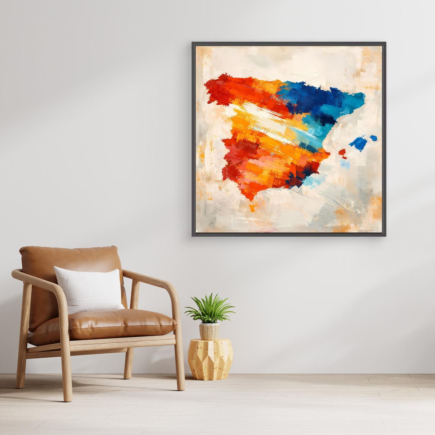 Abstract Spain map canvas wall art with black frame, red orange and blue strokes on off-white.