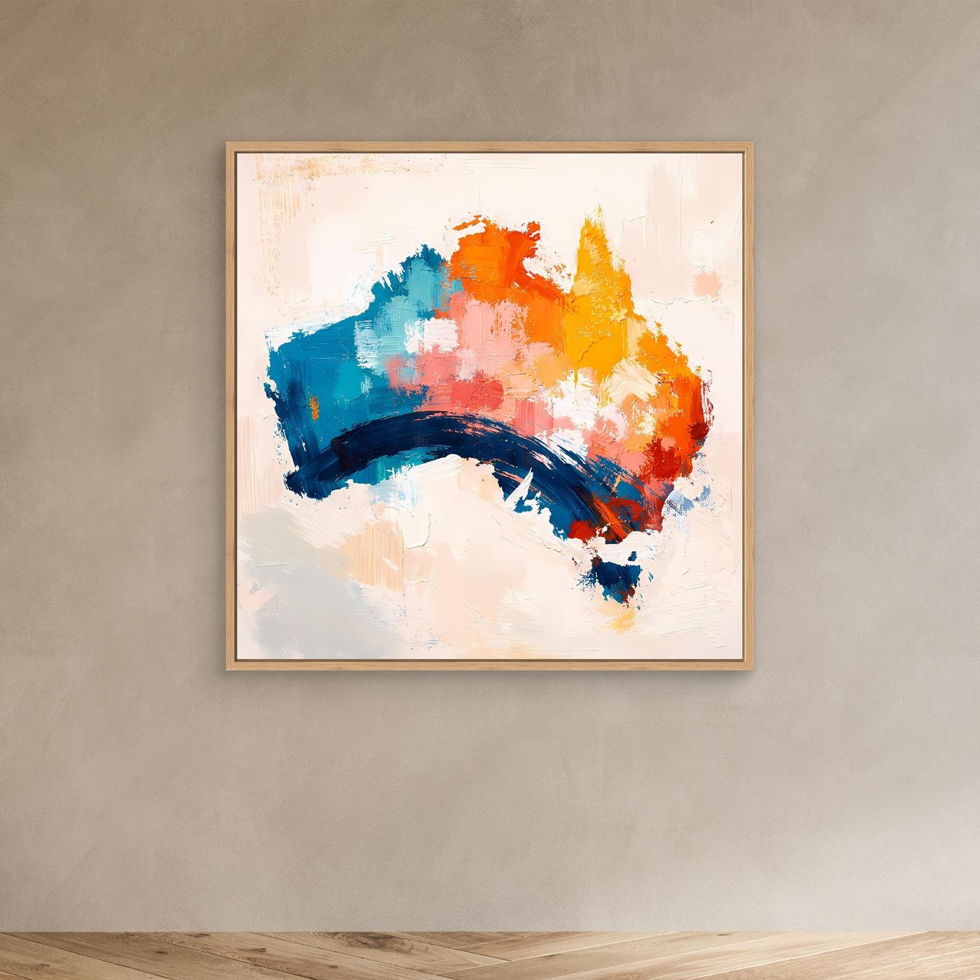 Abstract Australia map canvas wall art with multicolor brushstrokes in an oak wood frame.