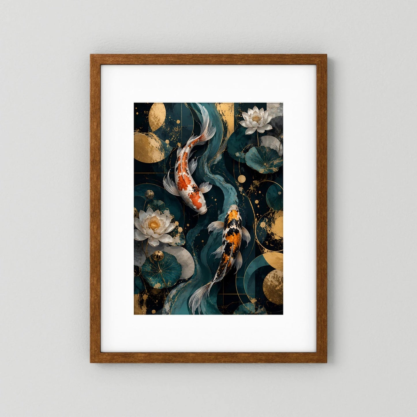 Braun gerahmtes Hochformat-Poster mit Koi-Fischen, goldenen Punkten und Lotusblüten