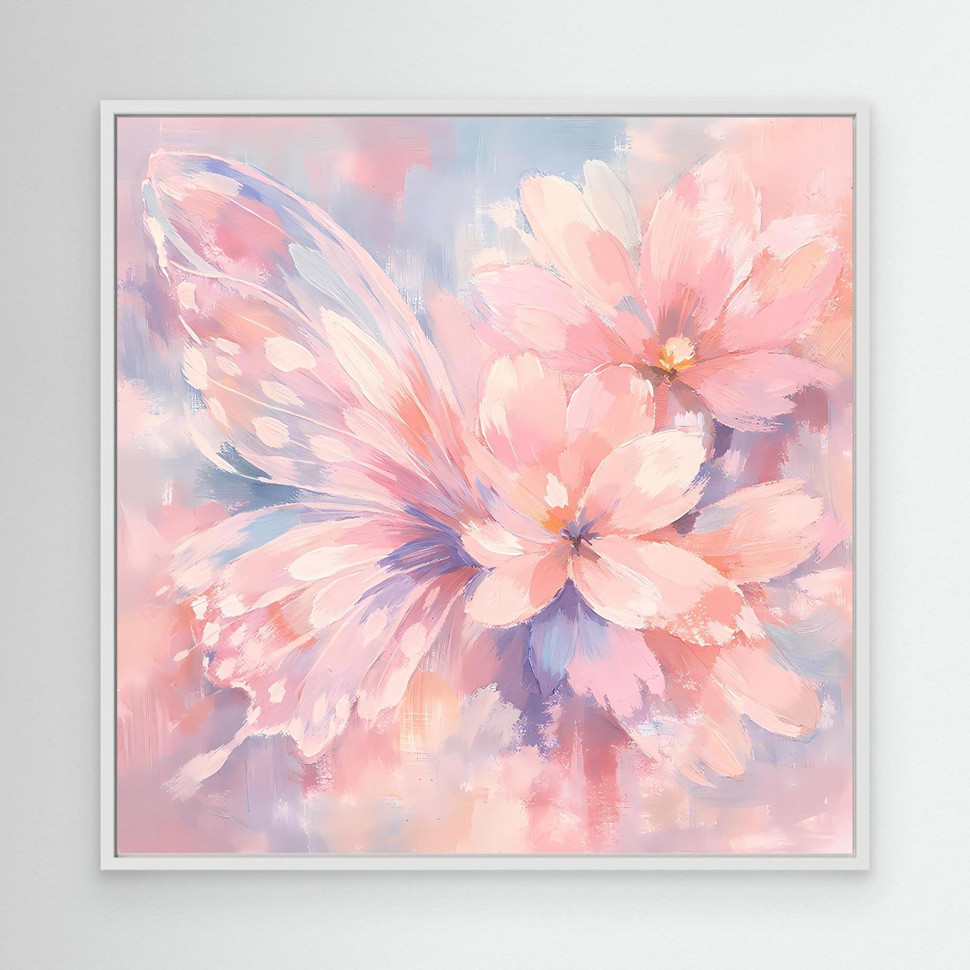 Leinwandbild mit Schmetterlingsblüten im Pastell-Look, weißer Rahmen