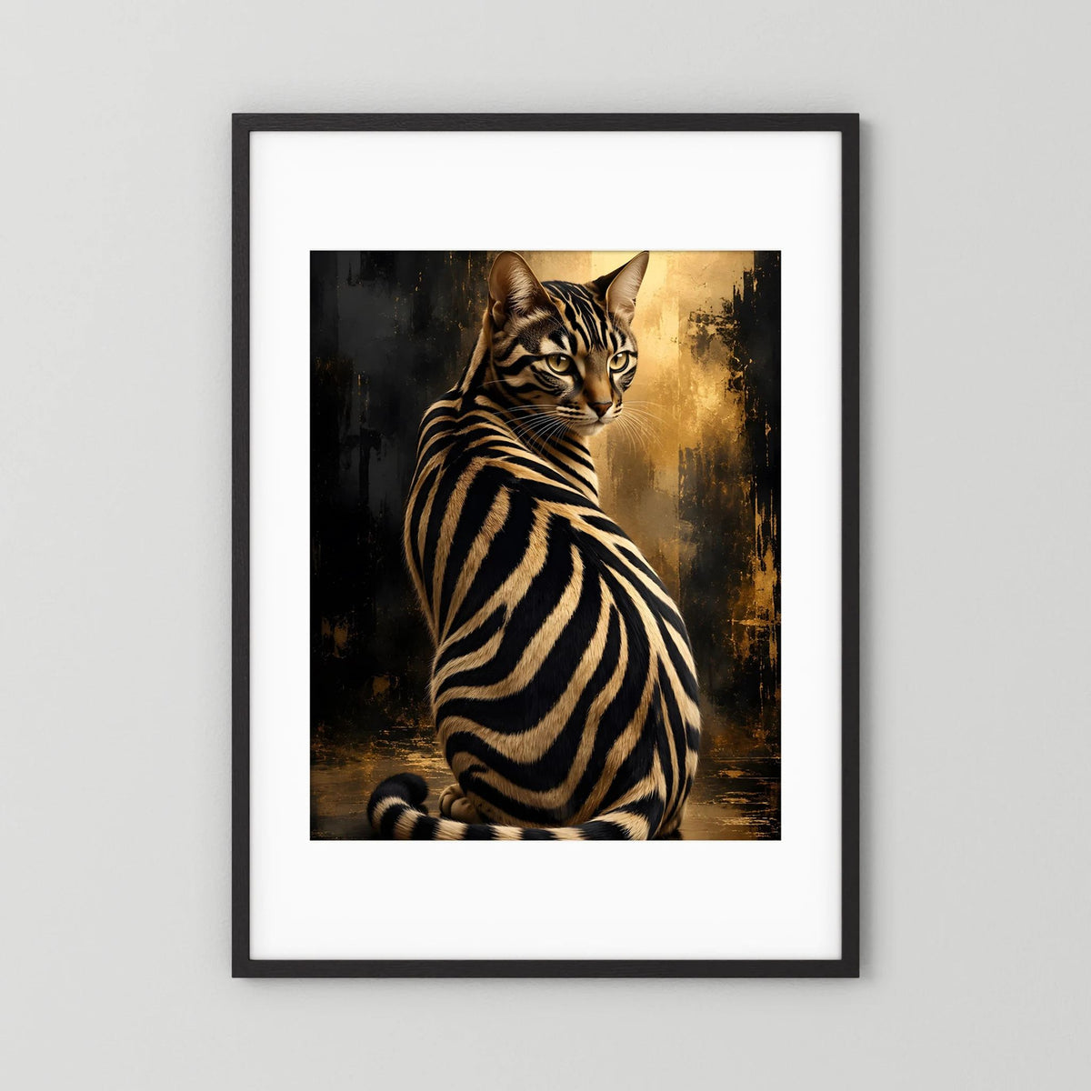 Poster Zebra-Katze in Schwarz-Gold, im schwarzen Rahmen mit weißem Rand